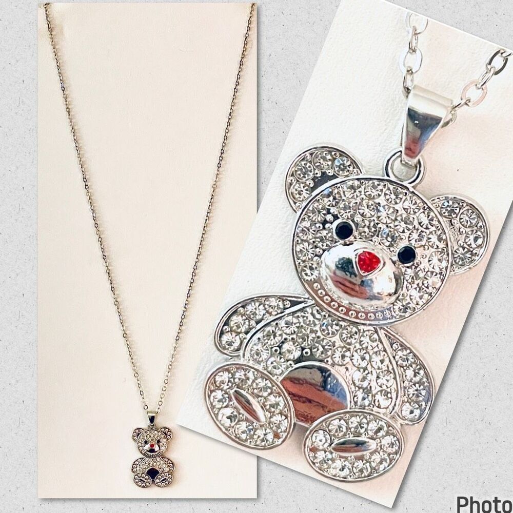 NWT Gorgeous Silver Teddy Bear Long Chain Bling Bling white rhinestones Necklace